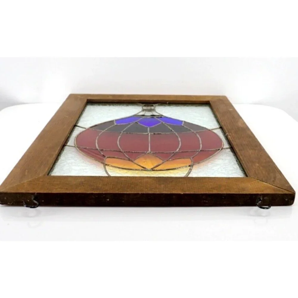 Rainbow Hot Air Balloon Stained Glass Wood Framed Window Panel 13